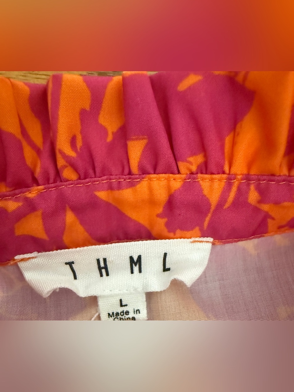 THML Orange and Pink Floral Smocked Waist Mini Dress Sz L - Picture 5 of 11